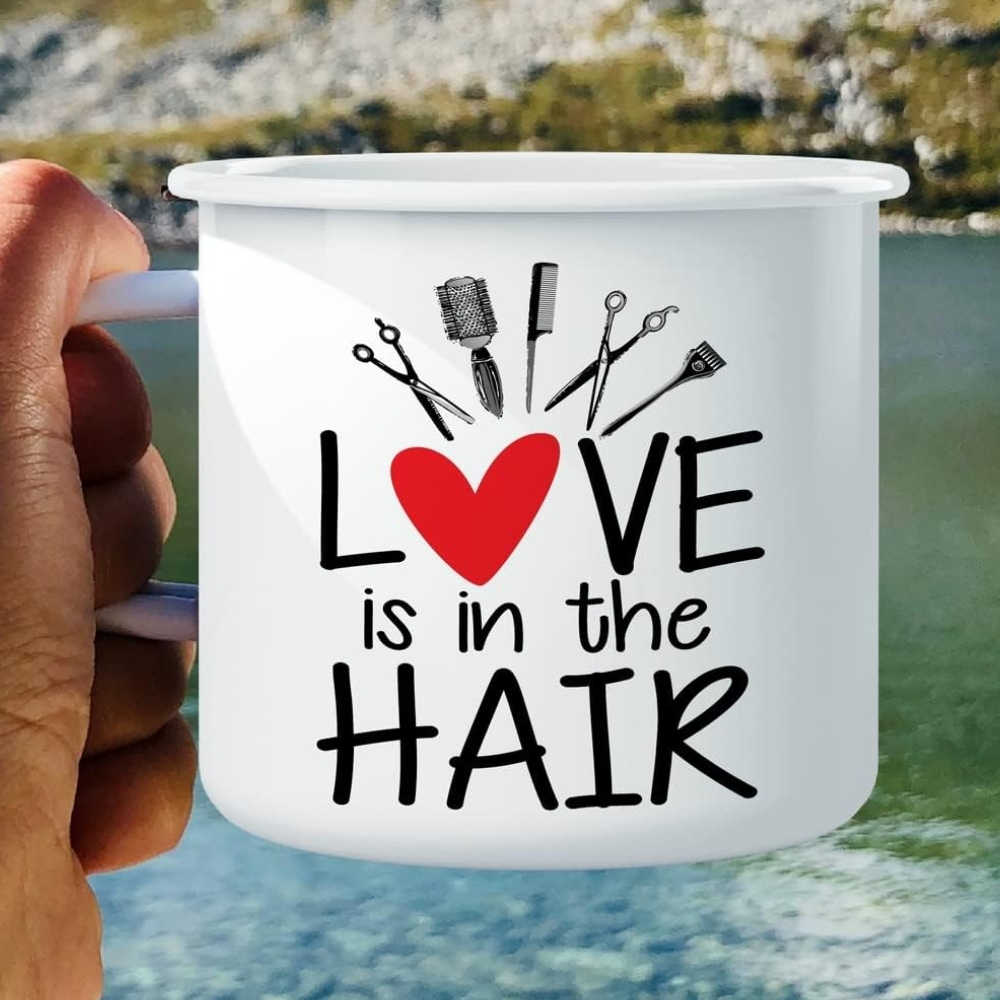 Love is in the Hair Hairstylist Hairdresser 16 Oz Enamel Stainless Steel