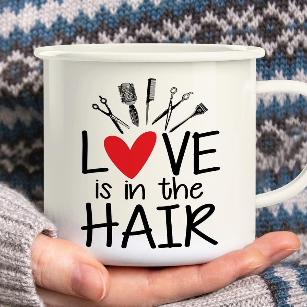 Love is in the Hair Hairstylist Hairdresser 16 Oz Enamel Stainless Steel