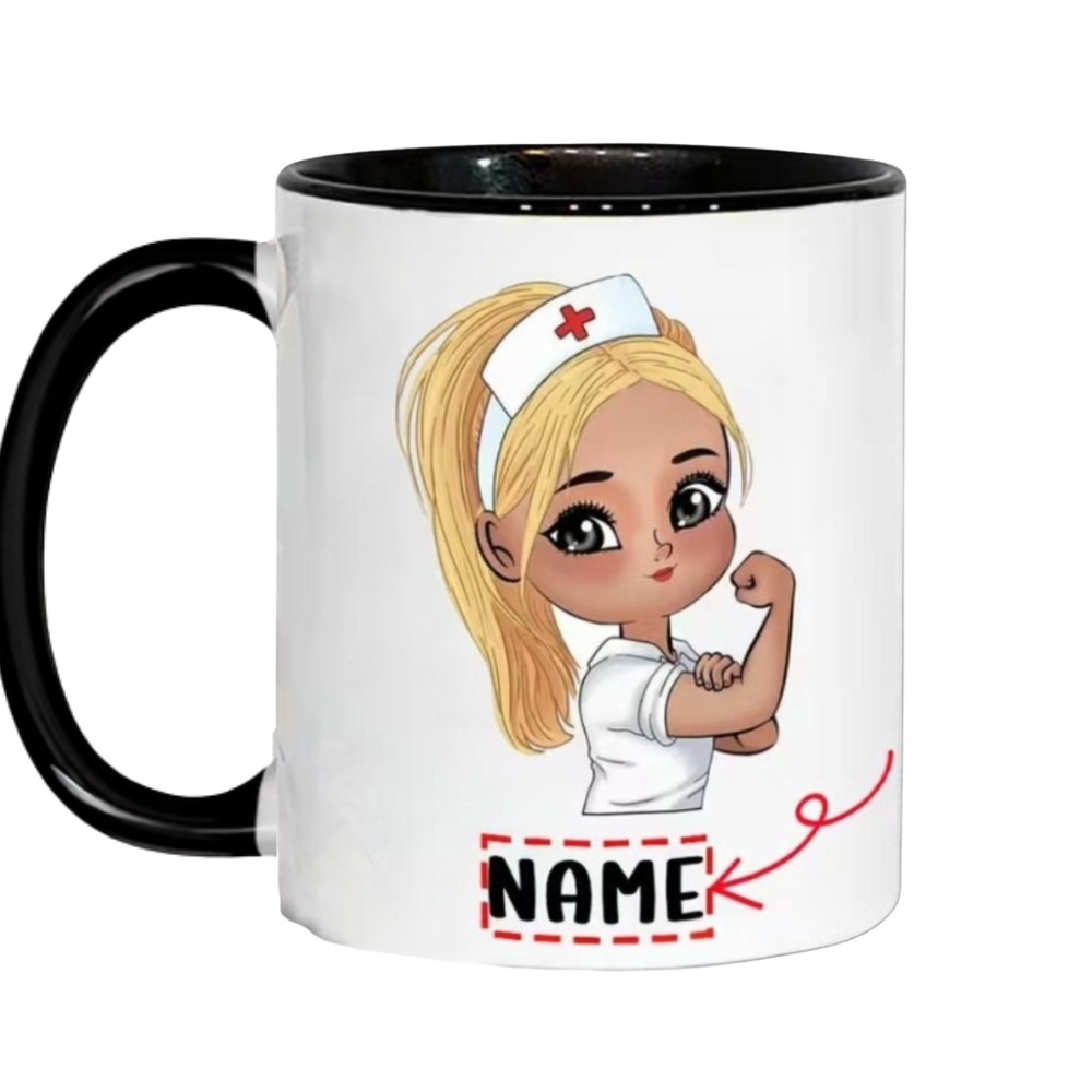 Custom Name Ceramic Coffee Cup with Cute Nurse Design, 7 Color