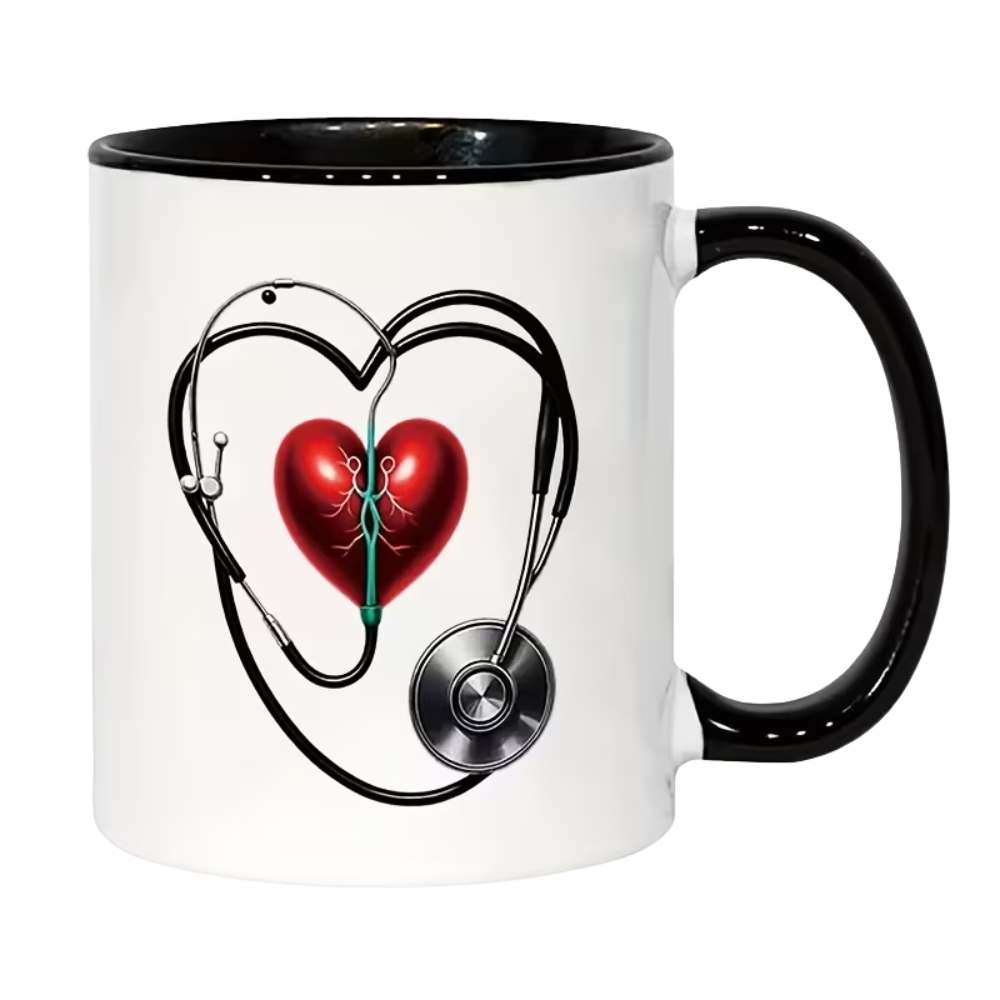 Heart Stethoscope & Cardiac Design Ceramic Mug - 11oz Red Heart