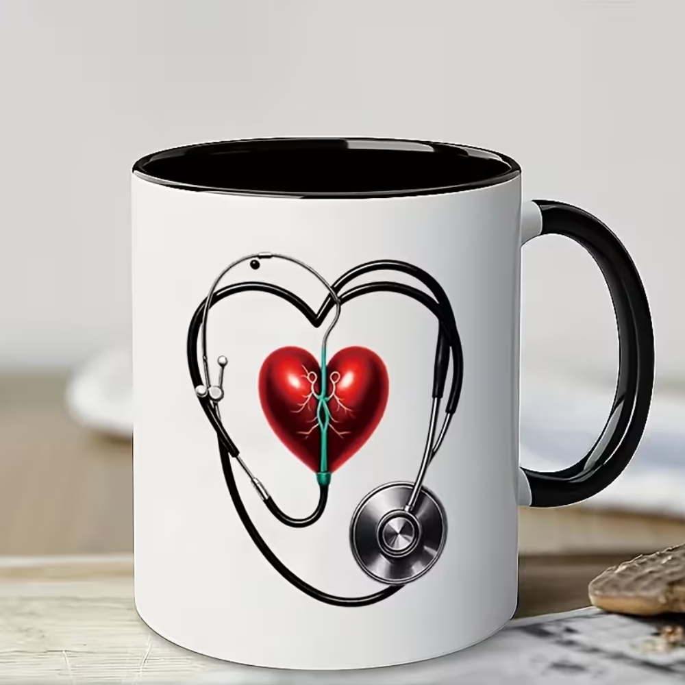 Heart Stethoscope & Cardiac Design Ceramic Mug - 11oz Red Heart