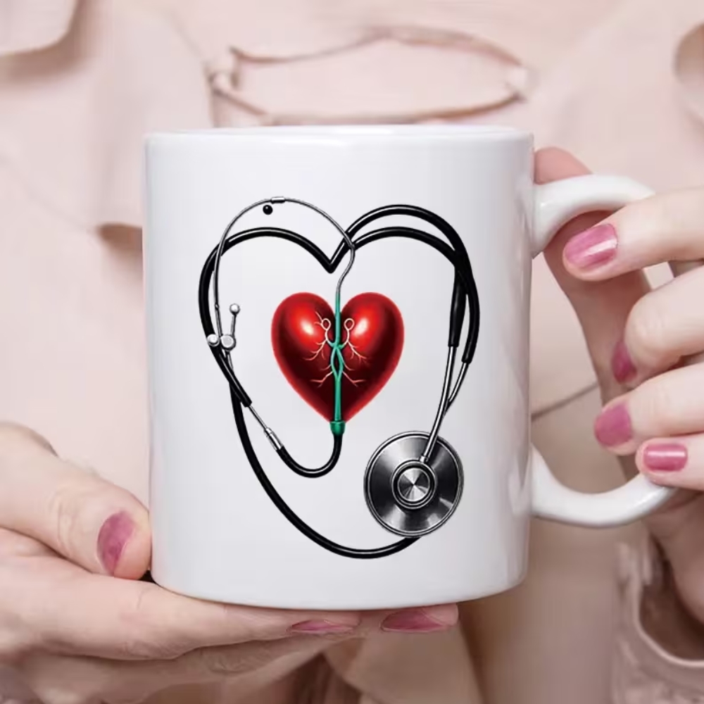 Heart Stethoscope & Cardiac Design Ceramic Mug - 11oz Red Heart