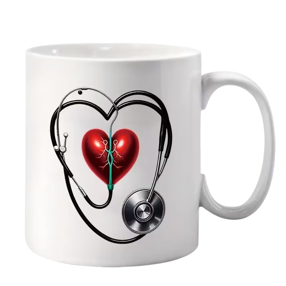 Heart Stethoscope & Cardiac Design Ceramic Mug - 11oz Red Heart