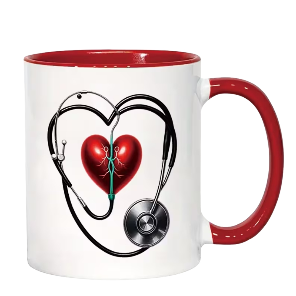 Heart Stethoscope & Cardiac Design Ceramic Mug - 11oz Red Heart