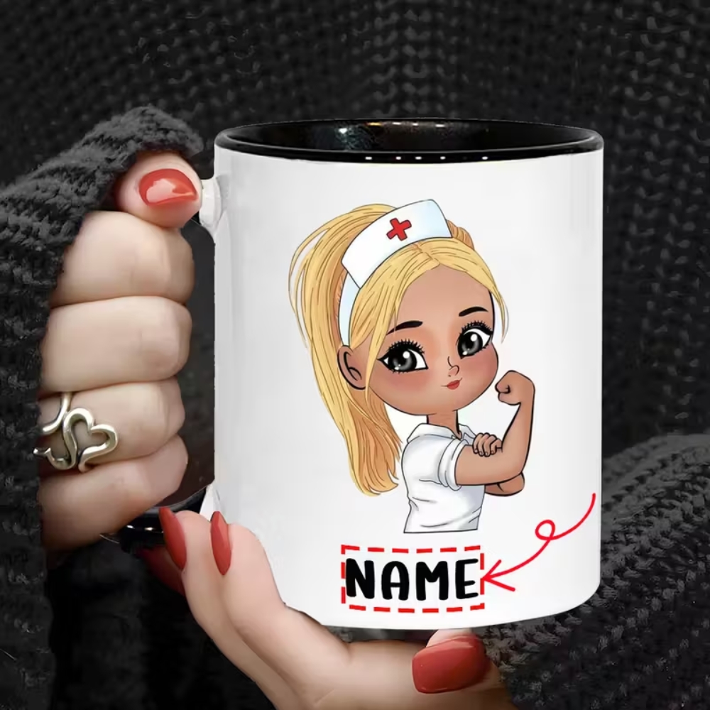 Custom Name Ceramic Coffee Cup with Cute Nurse Design, 7 Color