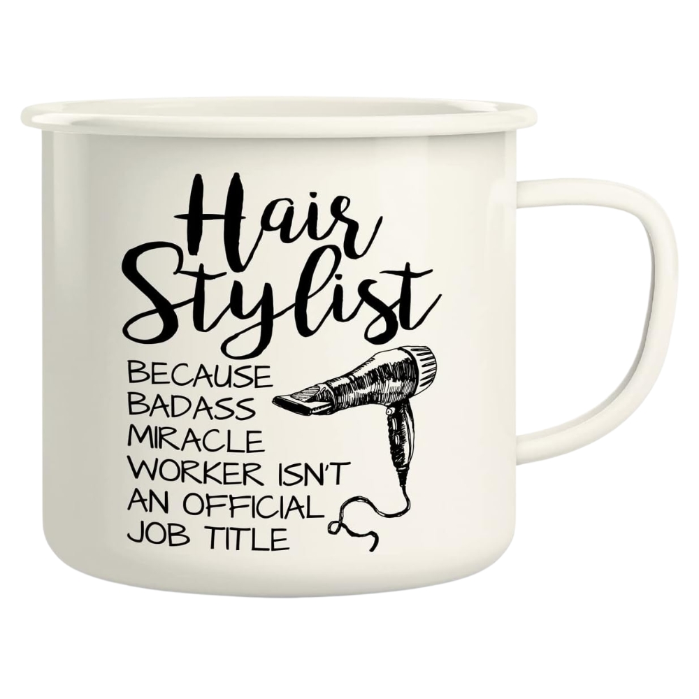 Hairstylist Badass Miracle Worker isn't Job Title Hairdresser 16 Oz Enamel Stainless Steel Metal Camping Campfire Coffee Mug