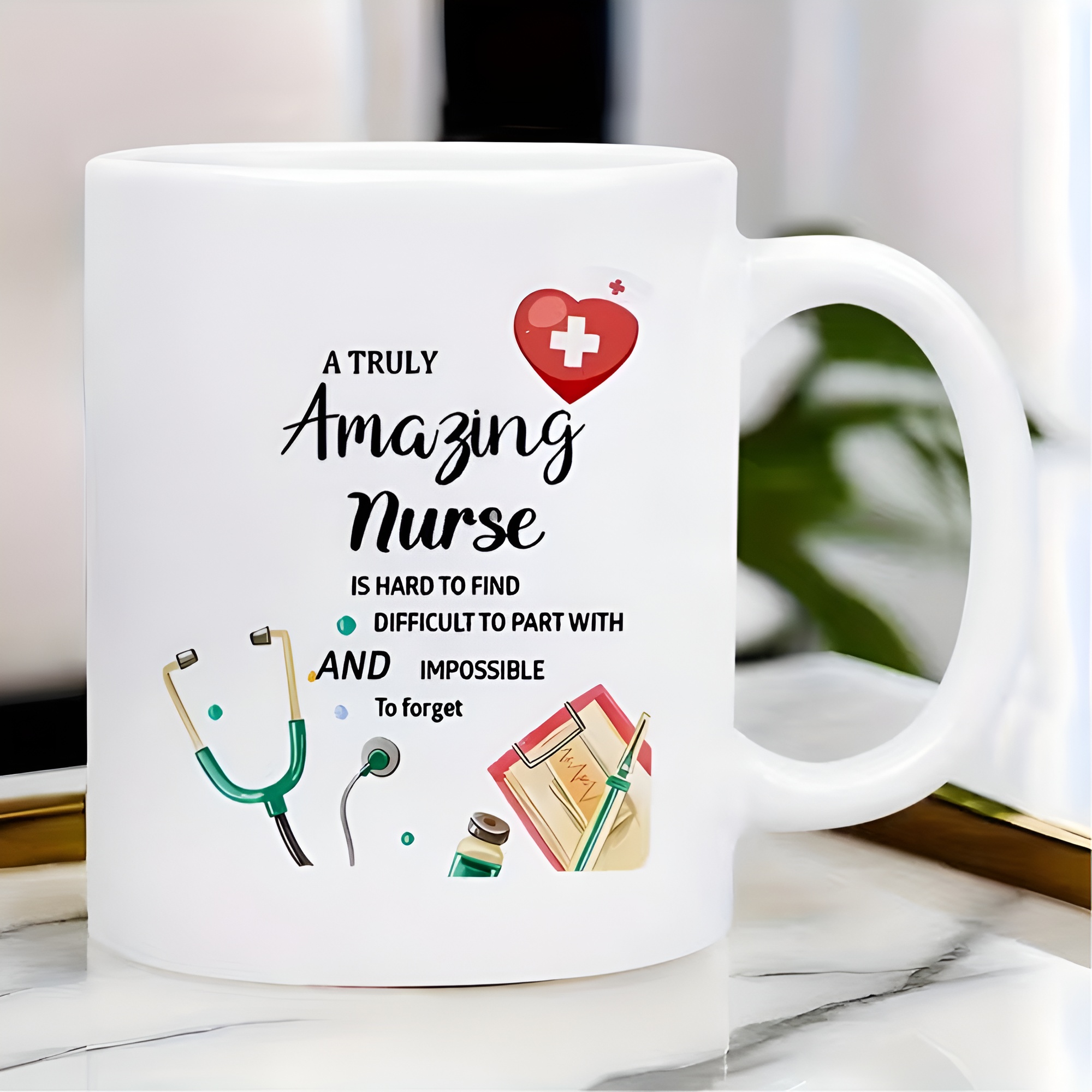 Themed Mug with Stethoscope, Syringe and Heart Design - "Great Nurse"