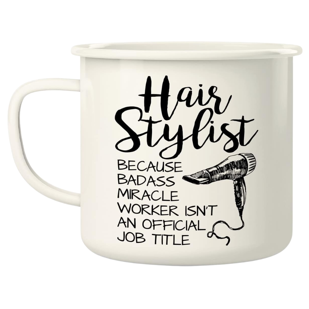 Hairstylist Badass Miracle Worker isn't Job Title Hairdresser 16 Oz Enamel Stainless Steel Metal Camping Campfire Coffee Mug