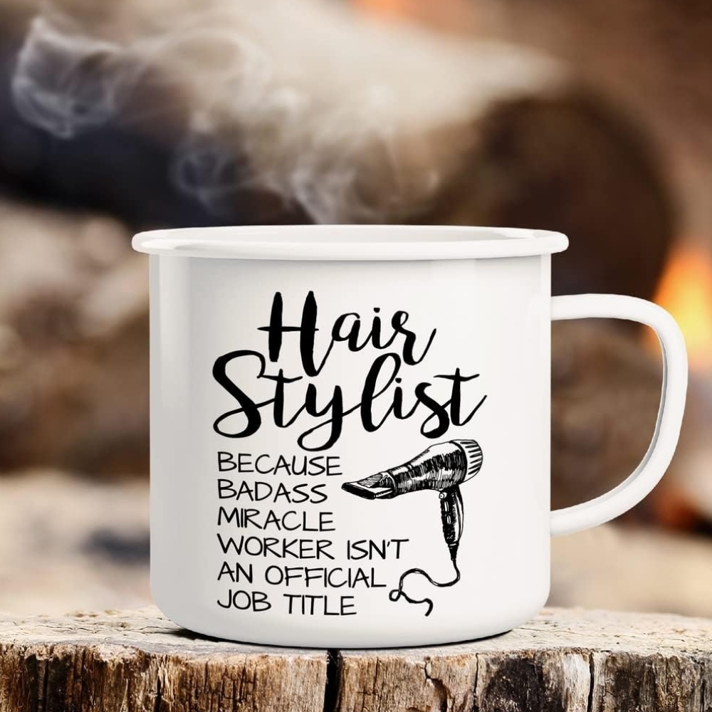 Hairstylist Badass Miracle Worker isn't Job Title Hairdresser 16 Oz Enamel Stainless Steel Metal Camping Campfire Coffee Mug