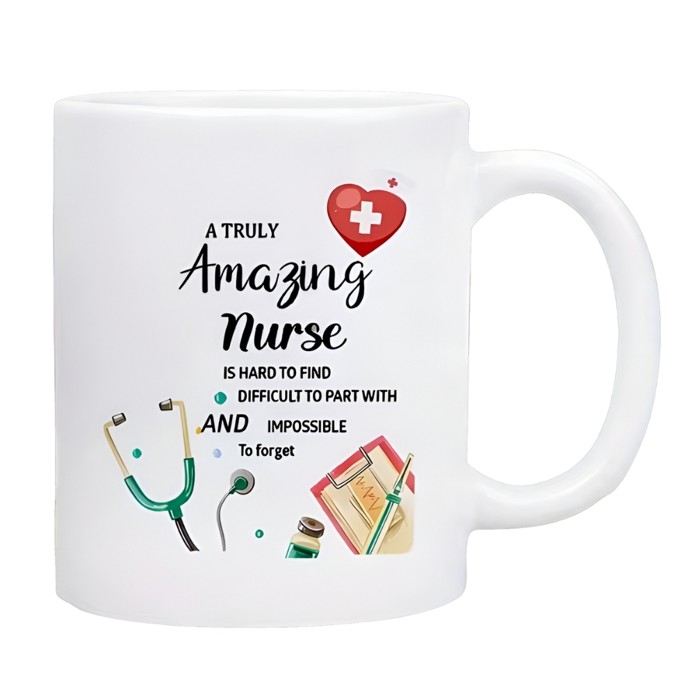 Themed Mug with Stethoscope, Syringe and Heart Design - "Great Nurse"
