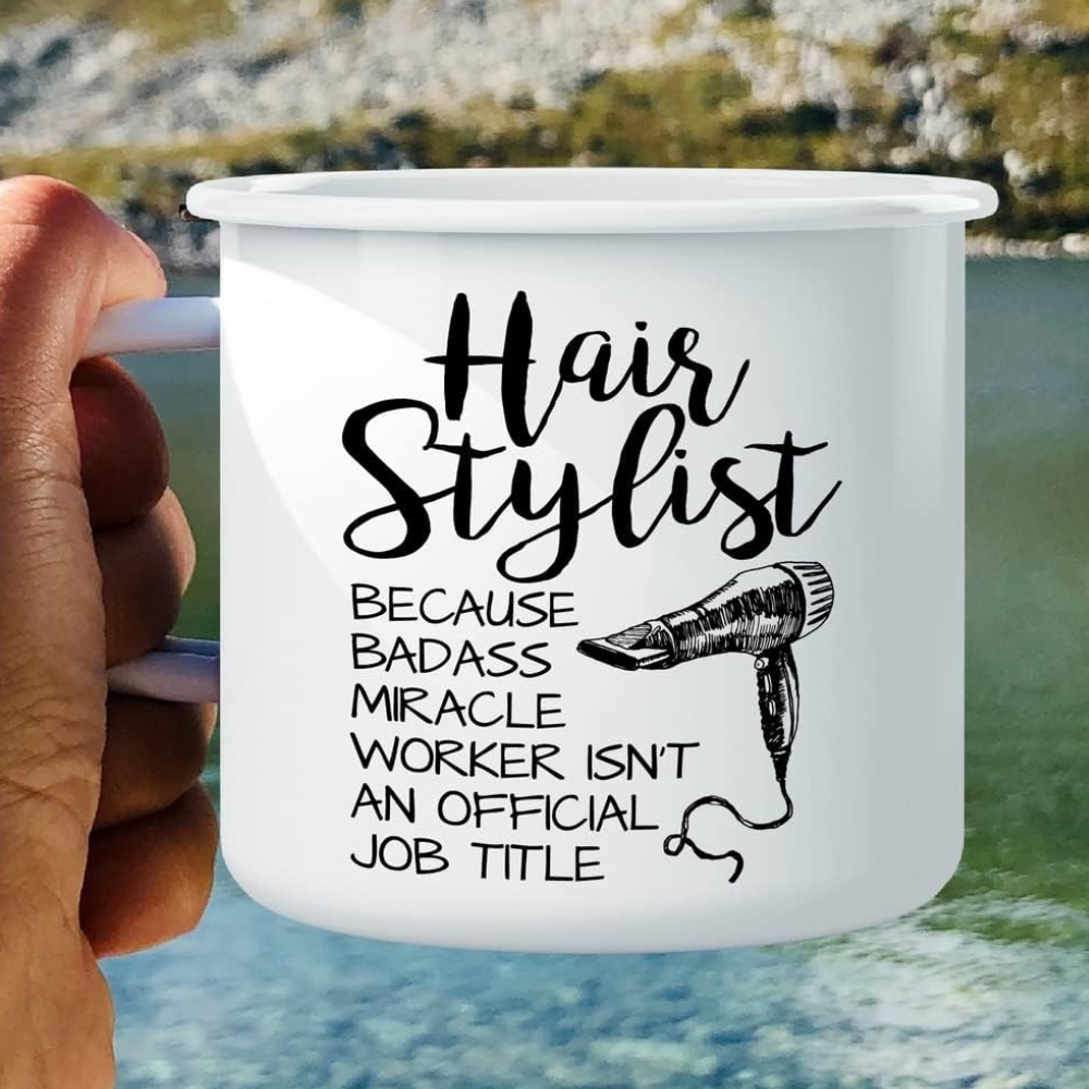 Hairstylist Badass Miracle Worker isn't Job Title Hairdresser 16 Oz Enamel Stainless Steel Metal Camping Campfire Coffee Mug
