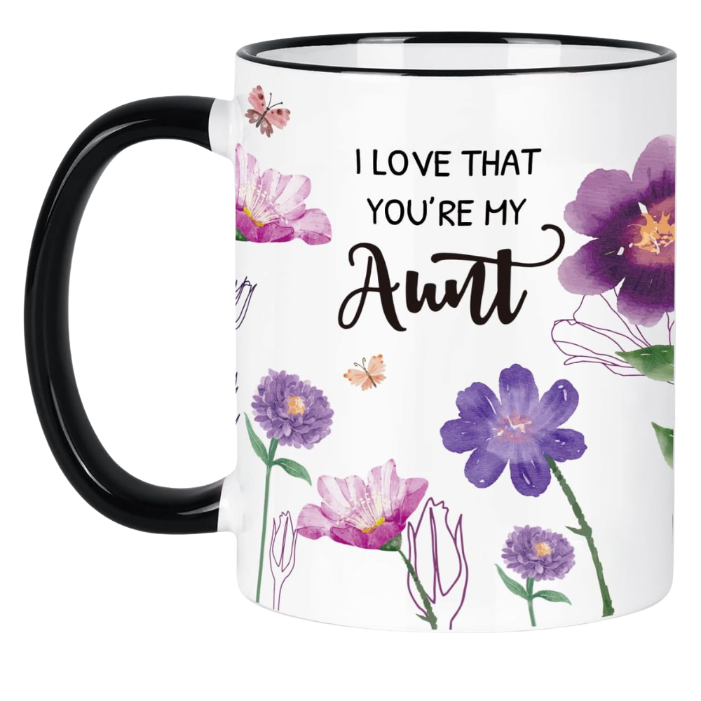 Funny Aunt Message Text Printed Coffee Mug With Floral Design
