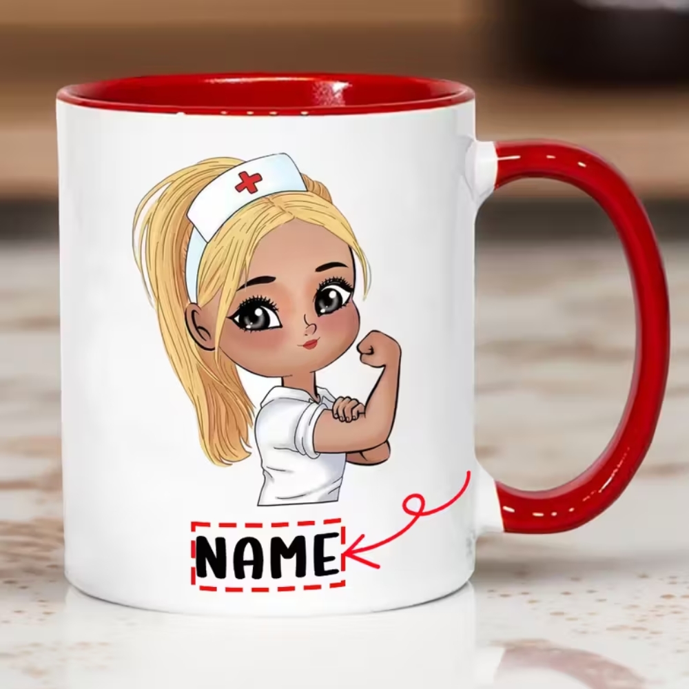 Custom Name Ceramic Coffee Cup with Cute Nurse Design, 7 Color