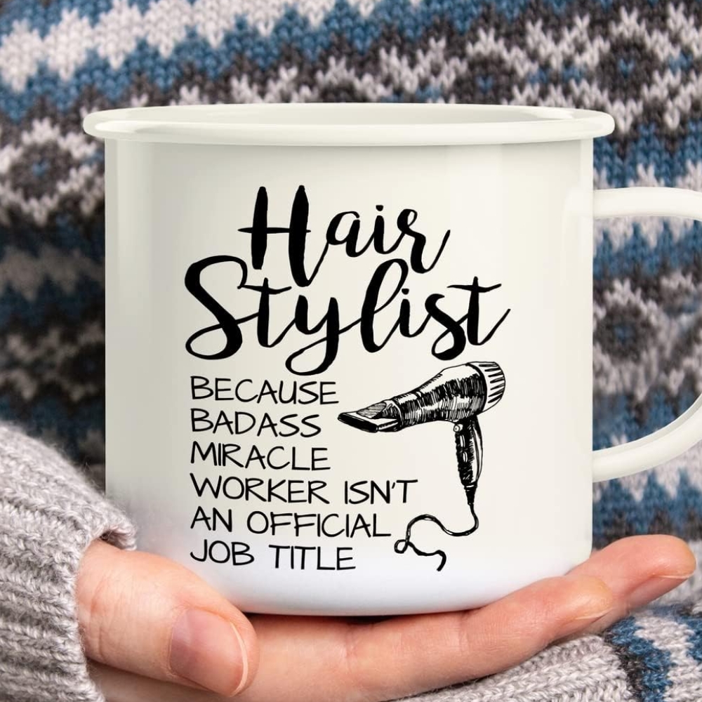 Hairstylist Badass Miracle Worker isn't Job Title Hairdresser 16 Oz Enamel Stainless Steel Metal Camping Campfire Coffee Mug