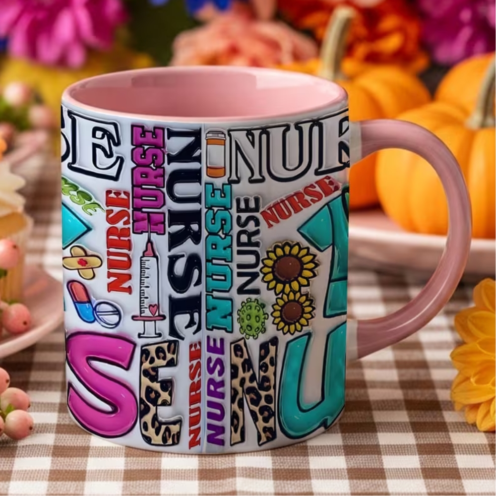 Nurse Themed Coffee Mug | Nursing Lovers Cup, Colorful Nurse Elements Design