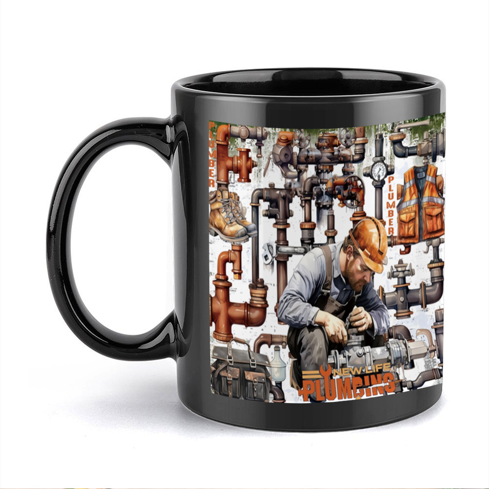 1pc 11oz Ceramic Mug with Plumbing Themed Design