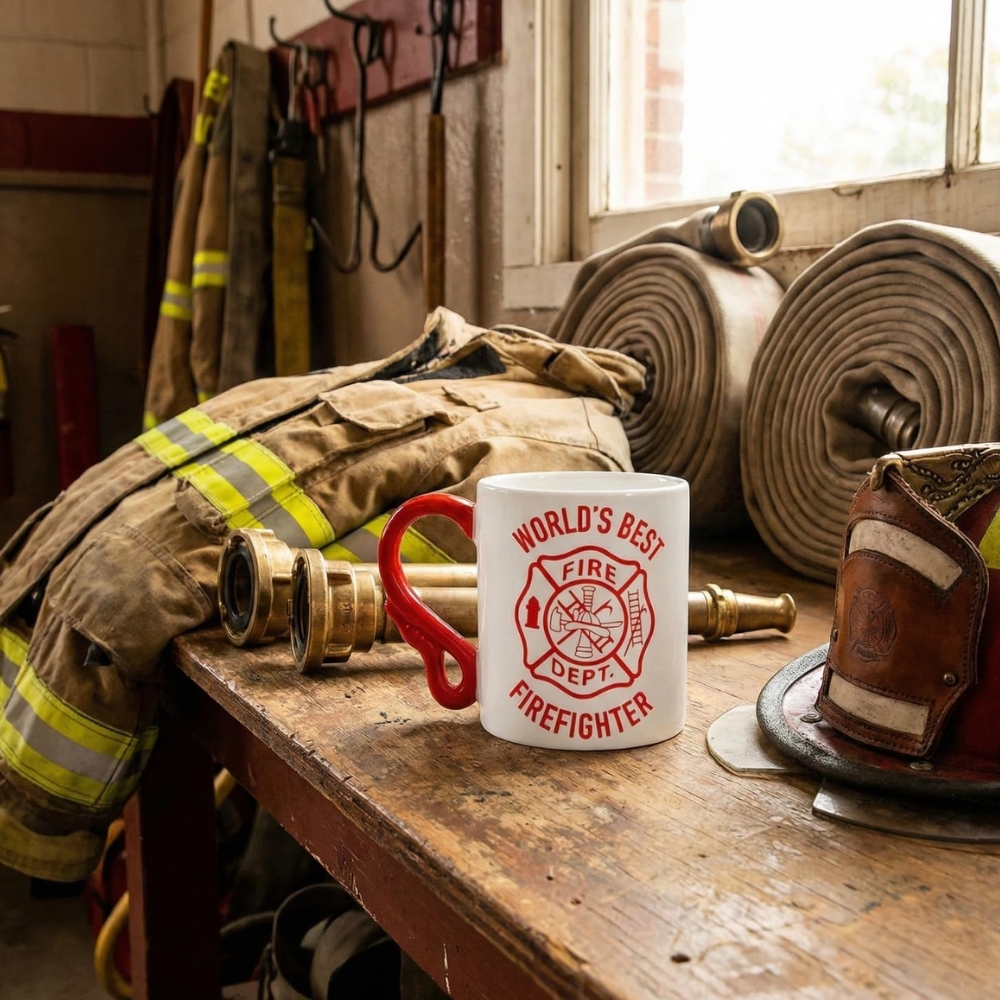 World’s Best Firefighter Ceramic Coffee Mug with Hose Handle