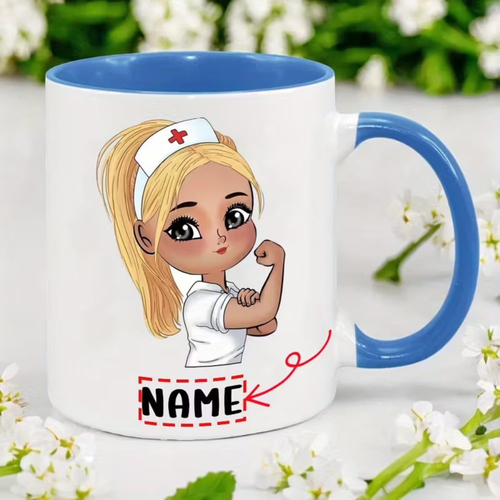 Custom Name Ceramic Coffee Cup with Cute Nurse Design, 7 Color