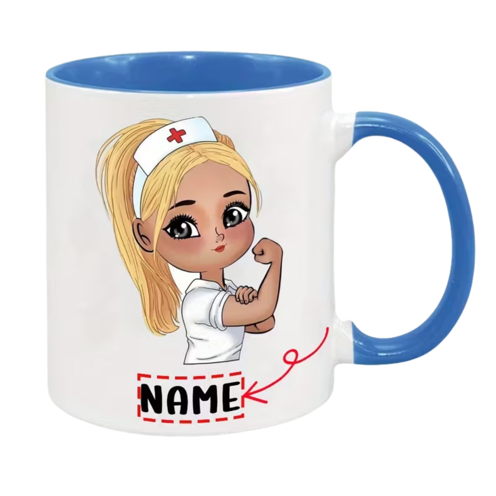 Custom Name Ceramic Coffee Cup with Cute Nurse Design, 7 Color