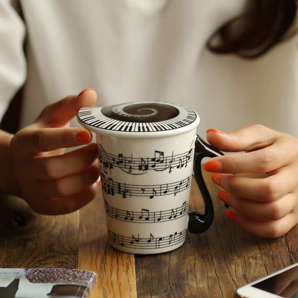 Creative Ceramic Musician Coffee Mug Tea Cup with Lid Staves Music