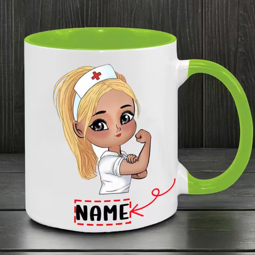 Custom Name Ceramic Coffee Cup with Cute Nurse Design, 7 Color