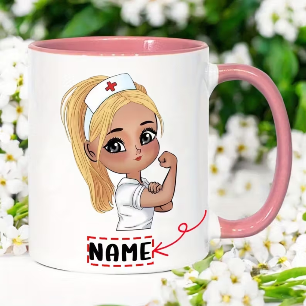 Custom Name Ceramic Coffee Cup with Cute Nurse Design, 7 Color