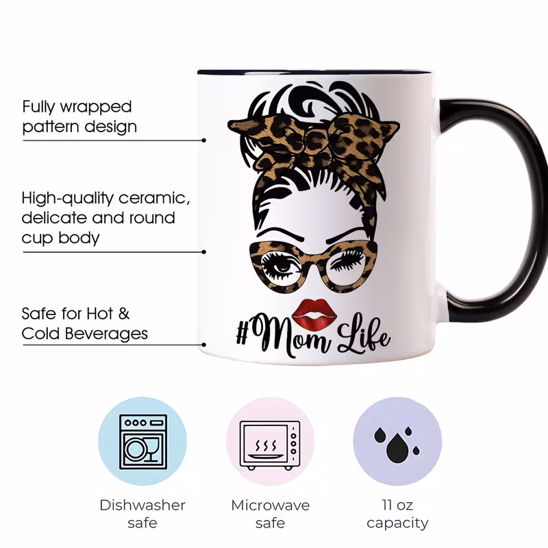1pc mom mug with leopard print bow lipstick design momlife text dishwasher safe cup for women mothers day birthday gifts home office use stylish kitchenware for moms 7
