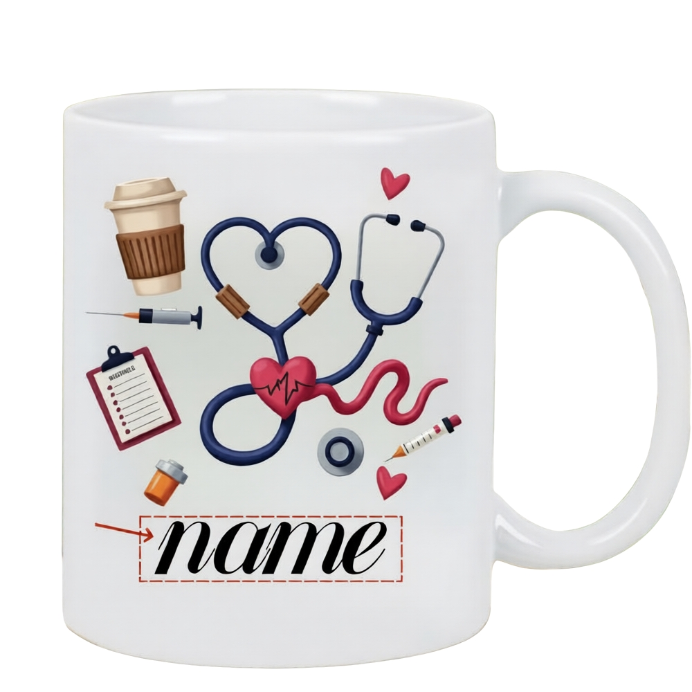 Custom Name Medical-Themed Coffee Cup Featuring a Stethoscope, Heart Design