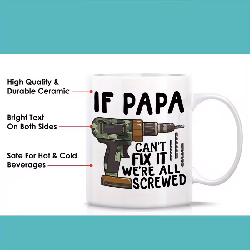 1pc 11oz ceramic coffee mug funny dad camo drill design with if papa cant fix it all quote dishwasher microwave safe cup perfect fathers day gift drinkware for dad humorous gift lettering sturdy construction 4