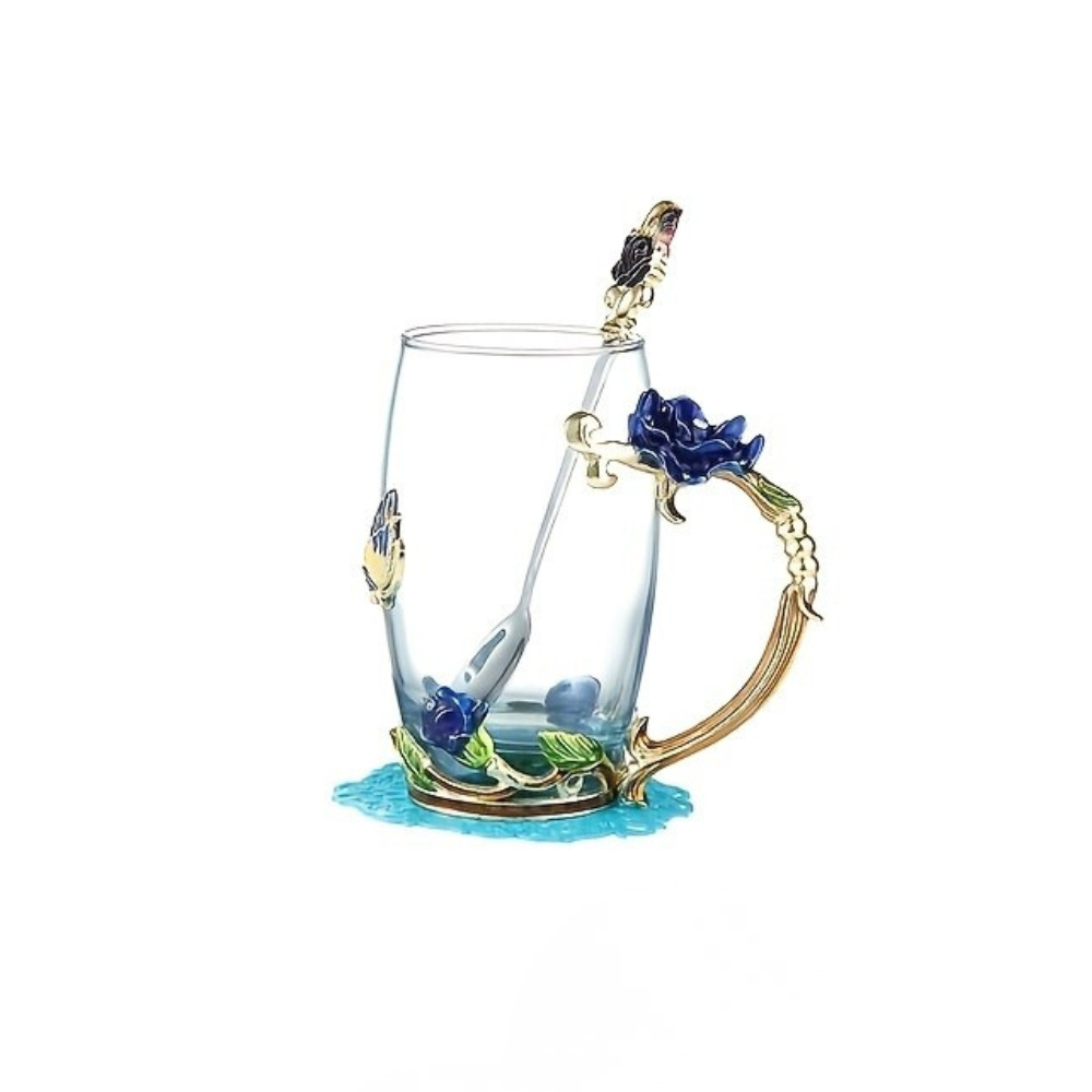 Rose Enamel Butterfly Glass Mug Set
