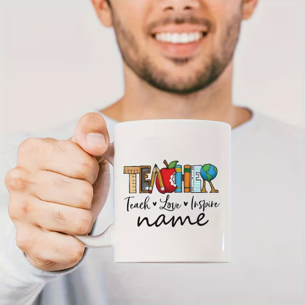 Appreciation Mug - Custom Name "TEACHER" Design with Apple & Globe, Ceramic Coffee Cup