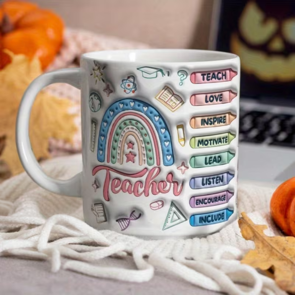  2D Flat Teacher Mug, Teacher Mug, Mug for Teacher, Teacher Gift, Teacher Birthday Christmas Gift, 11 Ounce Ceramic Cup