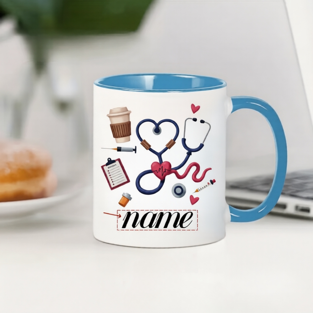 Custom Name Medical-Themed Coffee Cup Featuring a Stethoscope, Heart Design