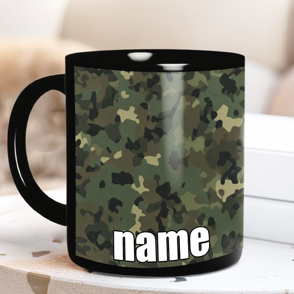 1pc, Customizable Camo Pattern Cute And Durable Black Mug, 11 Ounces Cartoon Anime