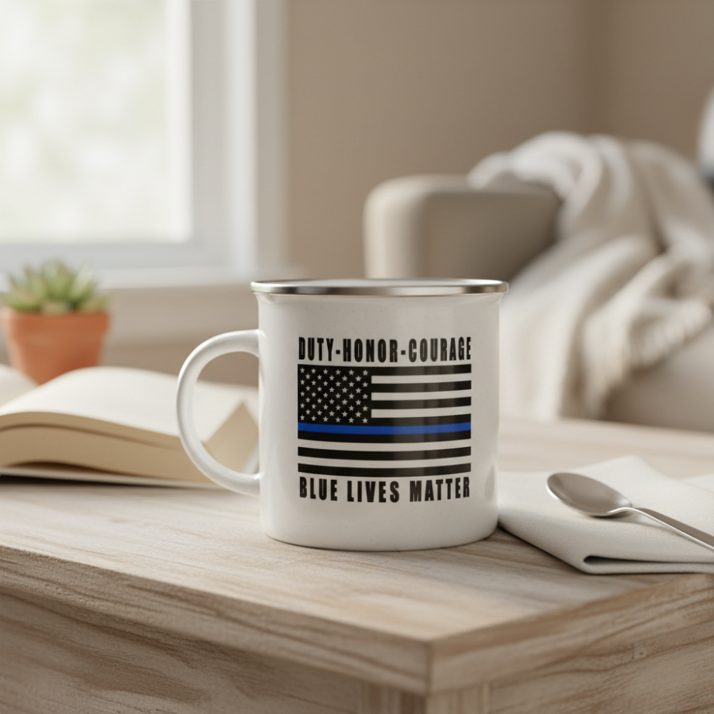 Enamel Thin Blue Line Police Camp Coffee Mug Law Enforcement Drinkware