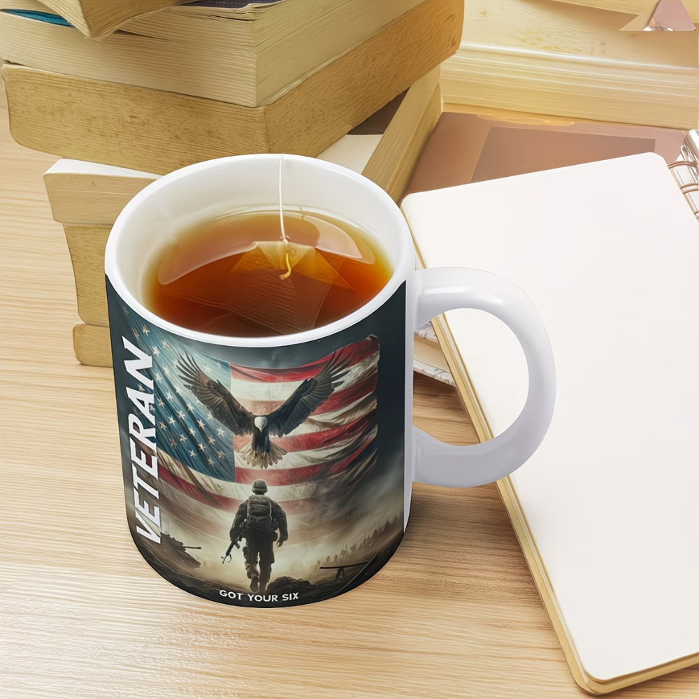 Themed Ceramic Coffee Mug - Veteran Eagle & Flag Design, Wide Mouth Cup for Outdoor, Camping & Travel