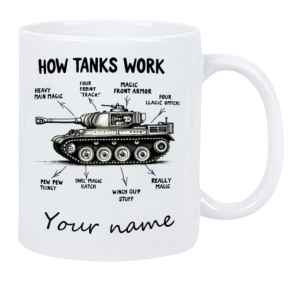 1pc Funny Tank Anatomy Cup - Personalized Military Coffee Mug with Heavy-Hitting Funny Design, Custom Name Ceramic Mug for Tank Enthusiasts, Birthday, Christmas, Valentine's, Armed Forces Gifts