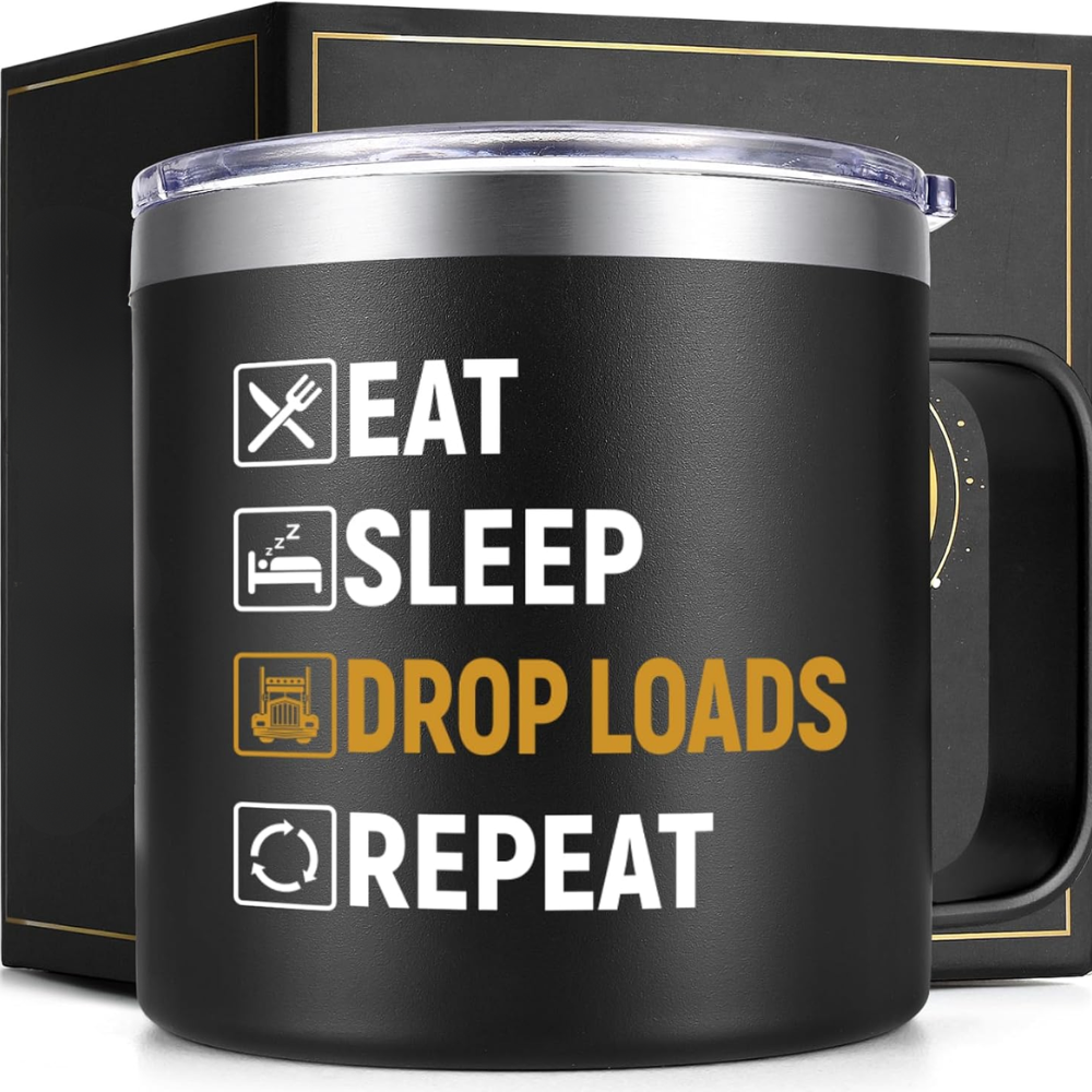 14oz Insulated Truck Driver Coffee Mug with Eat Sleep Drop Loads Repeat Text