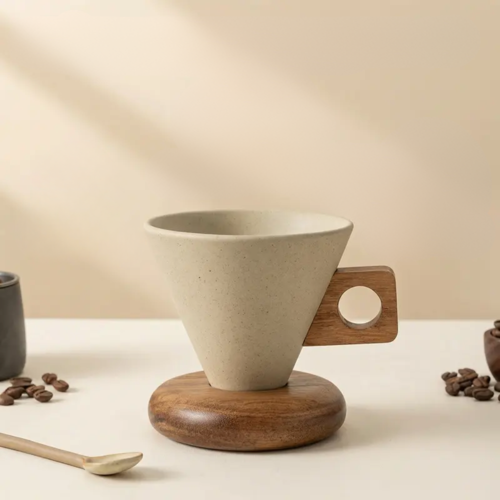 Cone-Shaped Coffee Mug with Wood Handle – Ceramic Aesthetic Cup for Home Cafe, 250ml