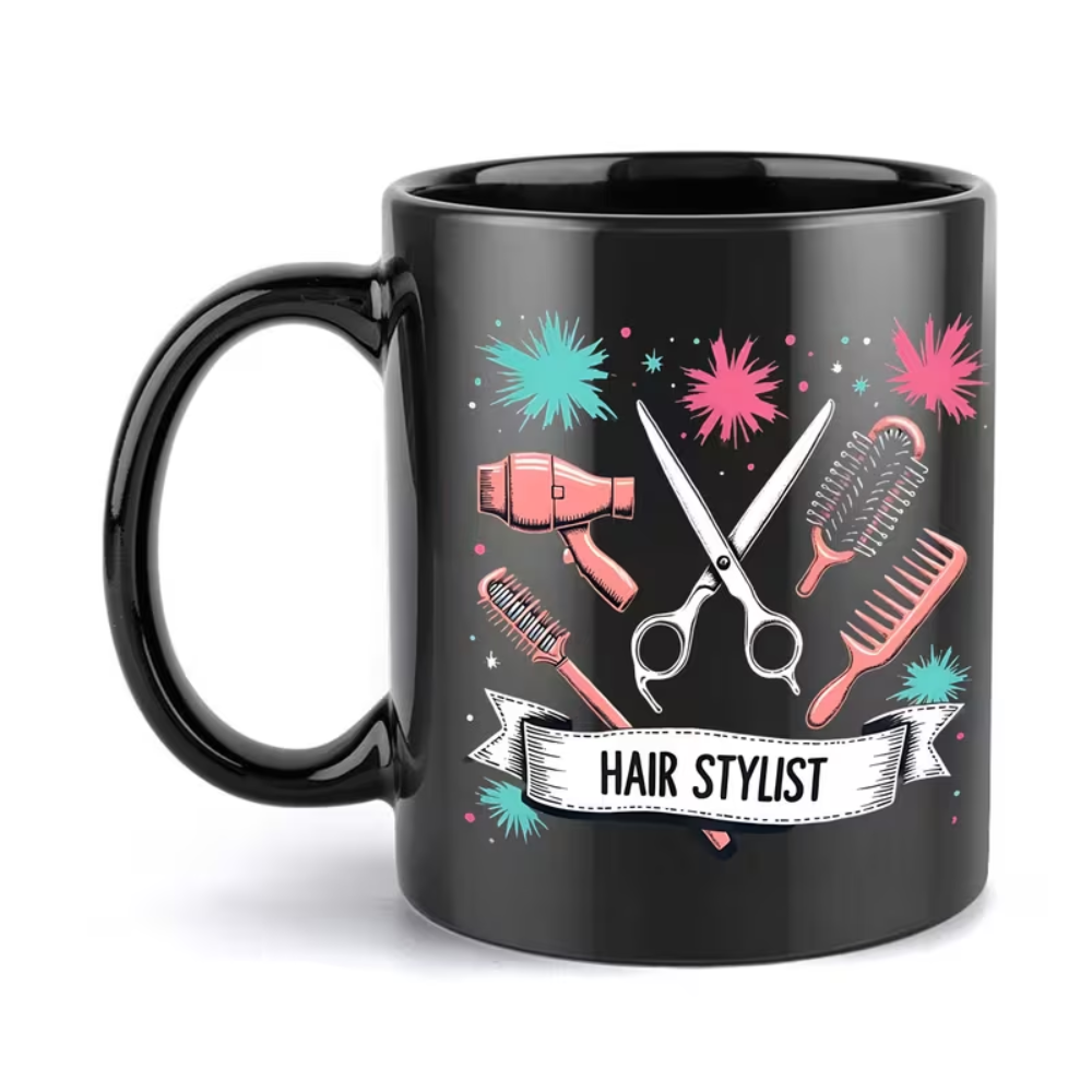 1pc Hair Stylist Ceramic Coffee Mug, 11oz, Black with Scissors, Comb & Fireworks Design, Friends & Family, All-Season Use, Barber Accessories
