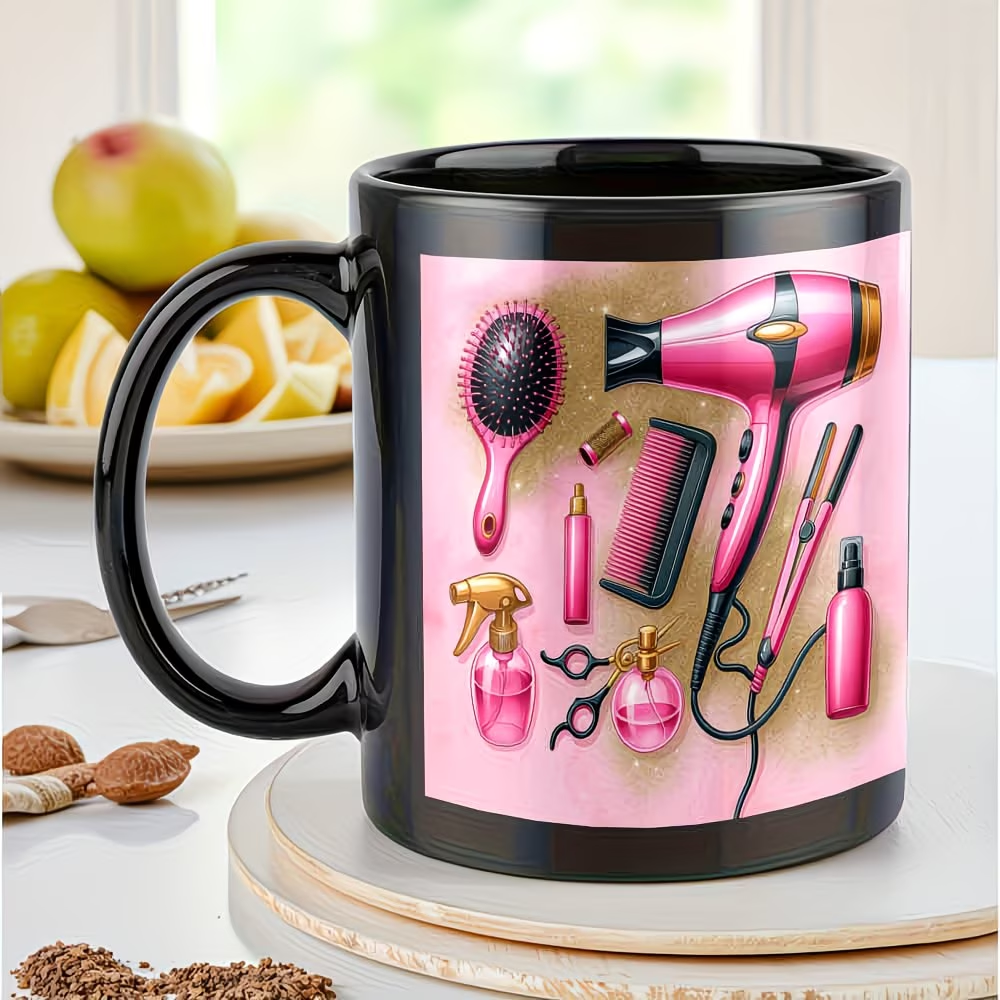 Ceramic Mug Designed for Hair Salons Featuring a Heat-Resistant Hair Dryer And Scissors, Adorned with Pink Hair Styling Tools. 