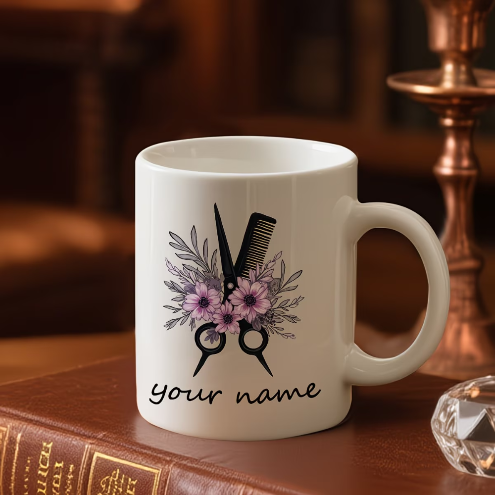 Personalized Barber Mug - Custom Name/Message Barber Scissors & Comb Design Ceramic Coffee Cup Suitable for Hot/Cold Drinks 