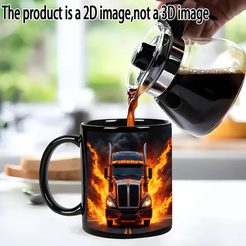 1pc Flame Truck Mug 11oz Heavy Duty Black Ceramic Coffee Cup with Fire Truck
