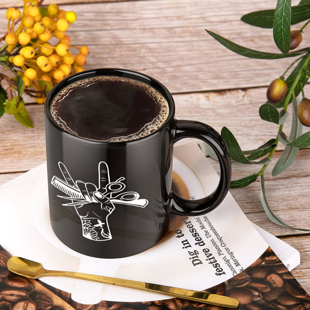 1pc Barber Hand Mug, 11oz Ceramic Coffee Cup with Scissors & Comb Design, Black, Perfect for Holiday, Birthday, Christmas, or Summer Gifts, Barber Accessories