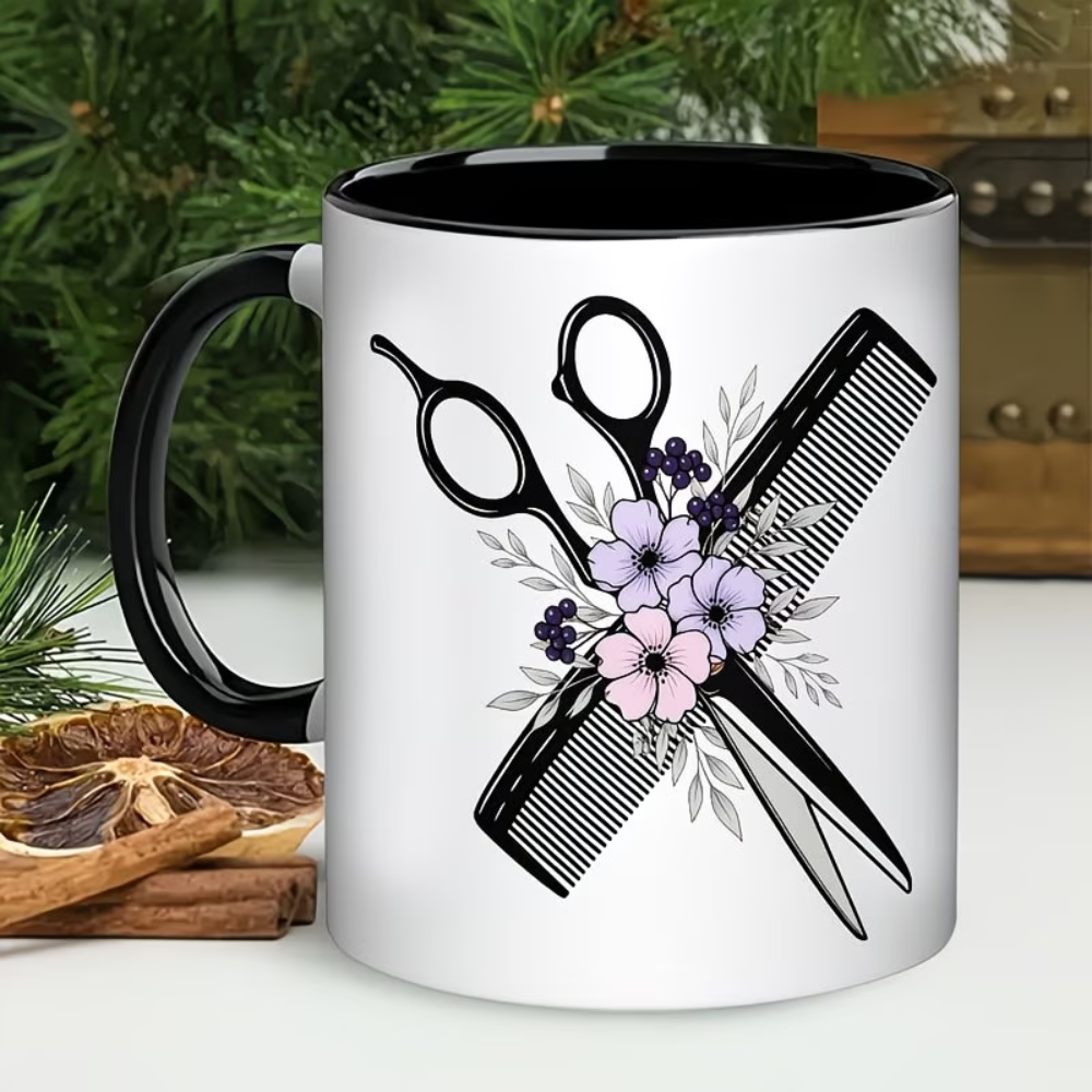 11oz Hairdresser Mug - Ceramic Coffee Cup with Hair Scissors, Comb & Barber Pole-like Floral Design (Pink/White), Black Interior & Handle