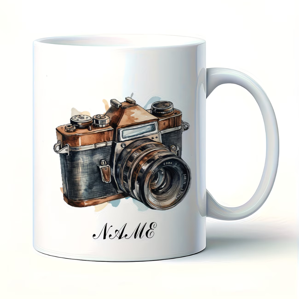 A Customized 11-Ounce Ceramic Mug with a Vintage Camera Design