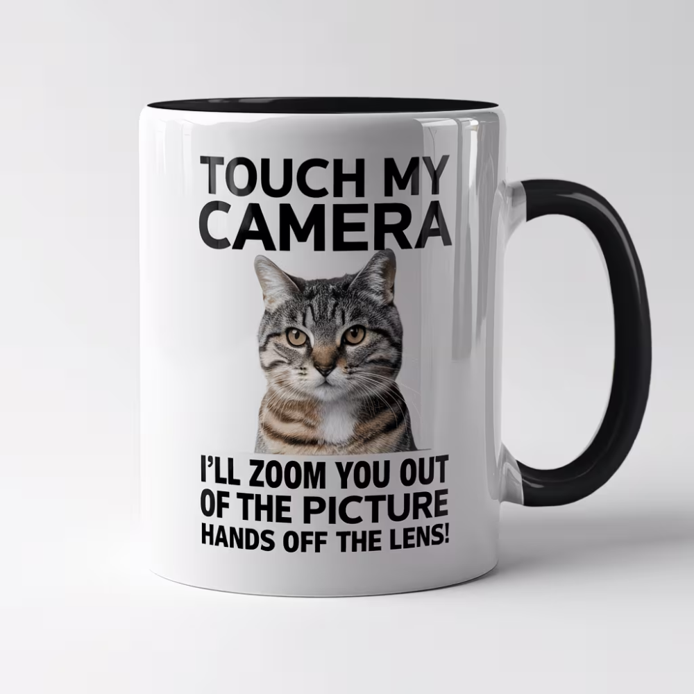 1pc, 11oz White Ceramic Coffee Mug with Funny Cat Touch Camera Design 
