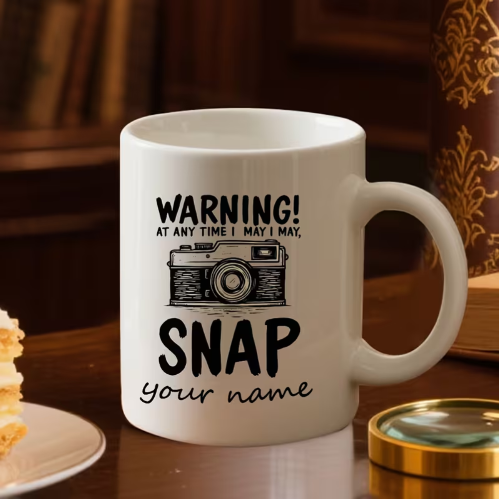1pc Funny Photographer Mug - Custom Name Personalized Coffee Cup with Camera Design & "Warning!