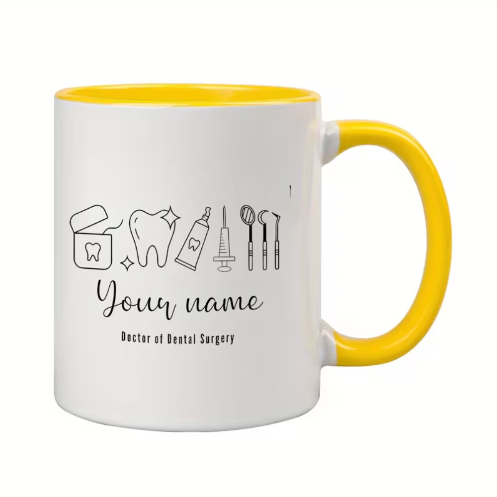 Name Dental Tool Pattern Ceramic Coffee Mug, Designed with Doctor of Dental Surgery Professional Label, Perfect for Graduation Season/Dentist Gifts, Dishwasher Safe