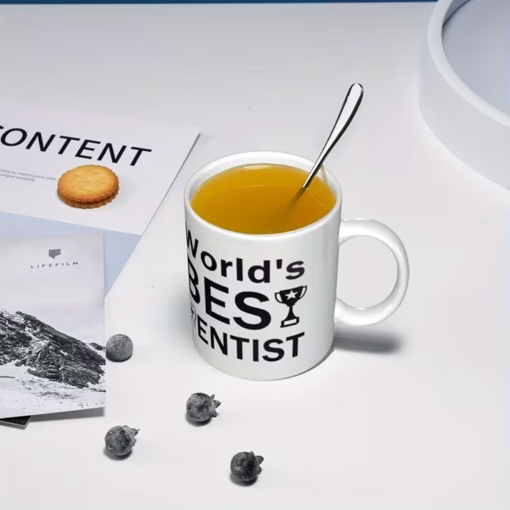 1pc, 11oz World's Best Dentist Coffee Mug - Funny Dental Design with Trophy & Tooth Illustrations, Microwave & Dishwasher